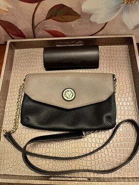 Anne Klein Black & Taupe Pebbled Leather Crossbody w/Gold Chain & Eyeglass Case